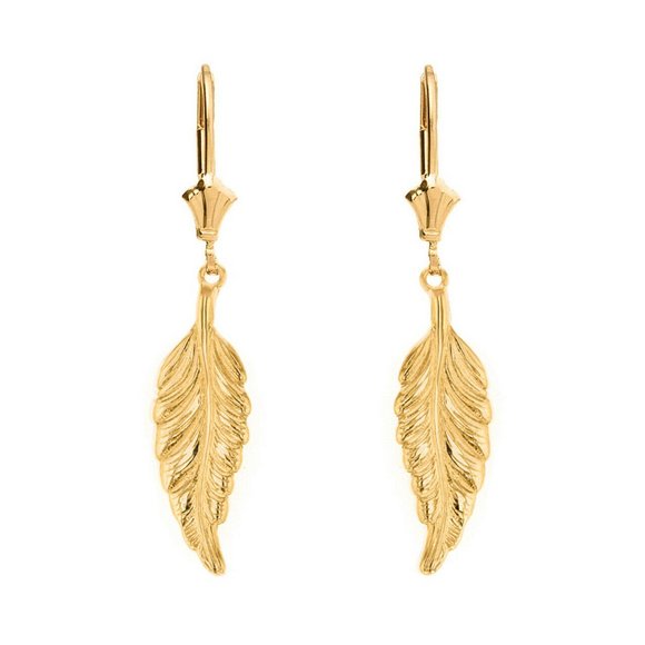14k Solid Gold Bohemia Boho Feather Leverback Drop Earrings - Yellow, Rose,White